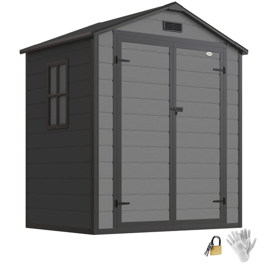 6 x 4.5FT Plastic Garden Shed with Floor, All Weather Resin Outdoor Storage Shed, Lockable Tool Storage with Window, Vent and Pent Roof for Patio Lawn, Dark Grey