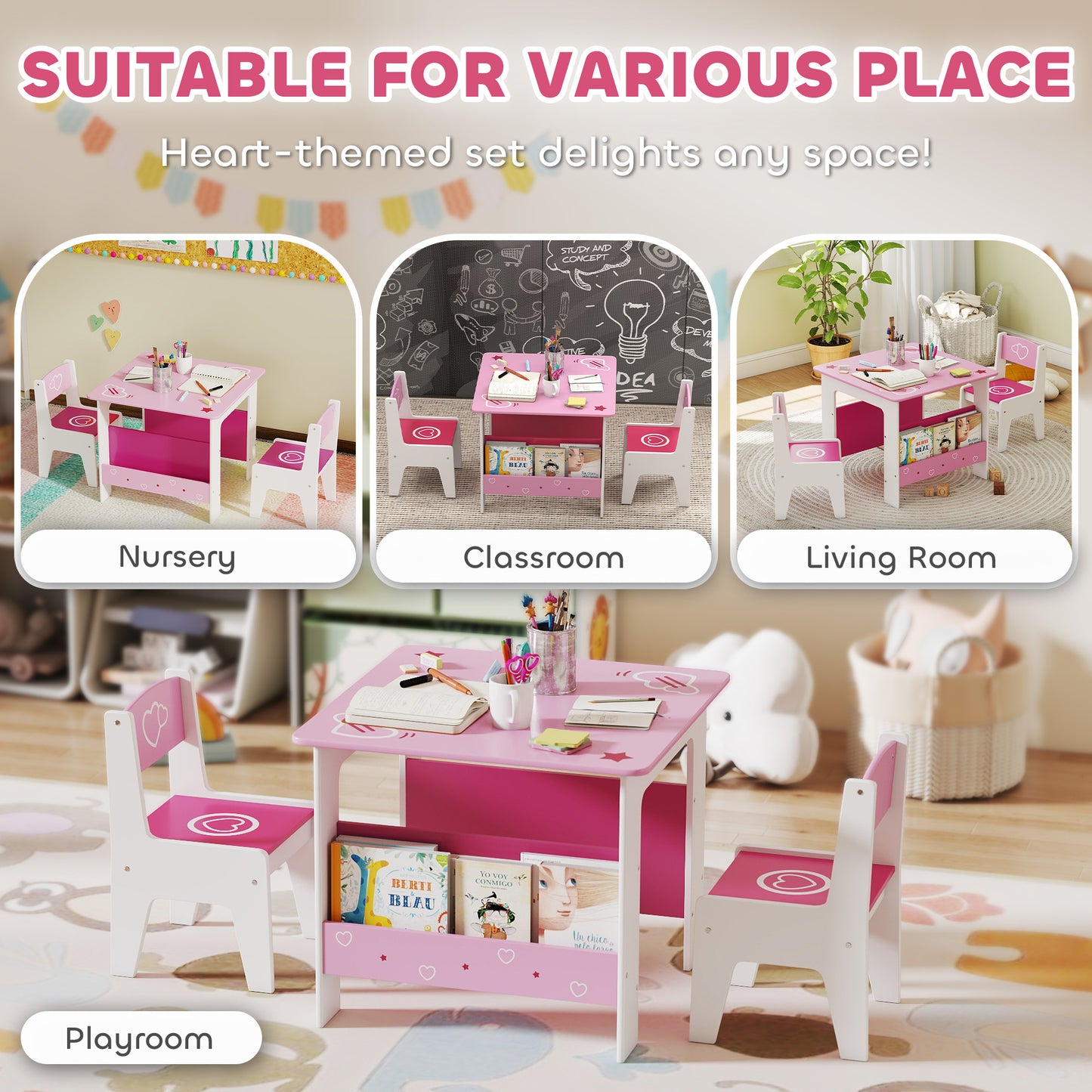 3 Pieces Kids Table and Chair Set with Bookshelves, Pink
