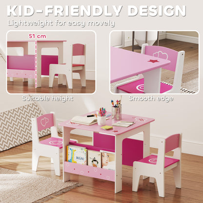 3 Pieces Kids Table and Chair Set with Bookshelves, Pink