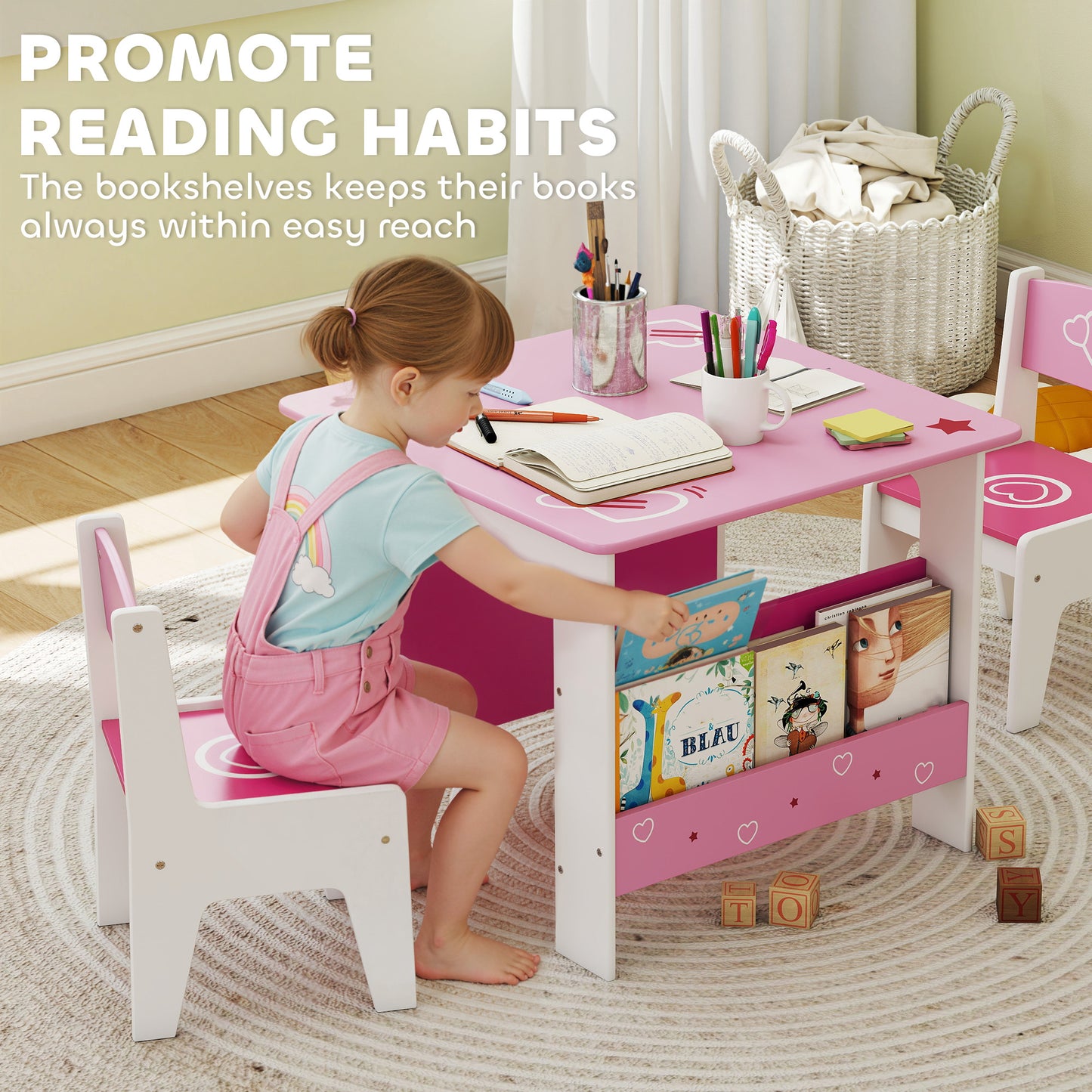 3 Pieces Kids Table and Chair Set with Bookshelves, Pink
