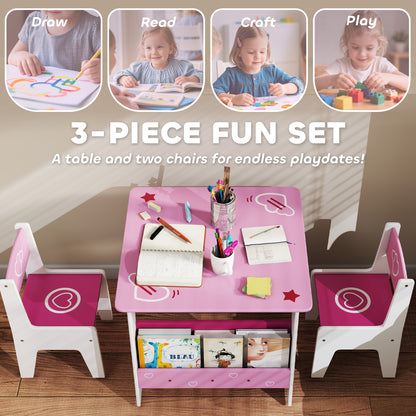 3 Pieces Kids Table and Chair Set with Bookshelves, Pink