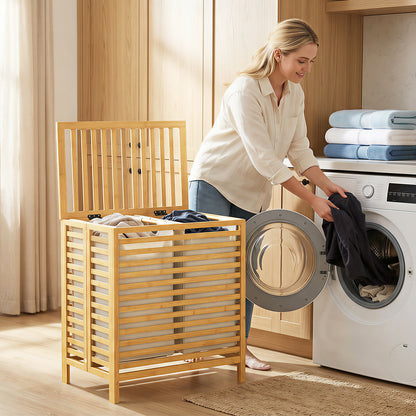 Bamboo Laundry Basket with Lid, 2 Baskets, Foldable, Natural