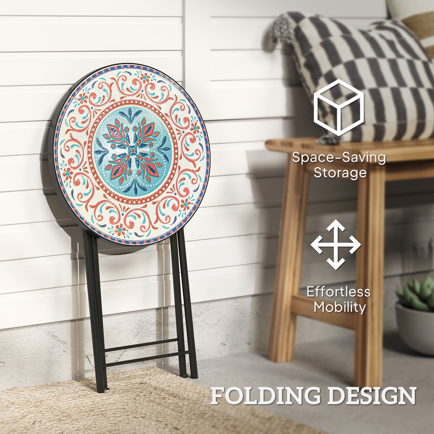 Mosaic Garden Table, 35.5cm Folding Coffee Table, Multicolour