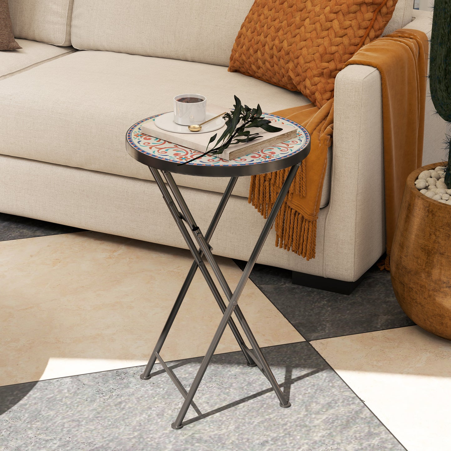 Mosaic Garden Table, 35.5cm Folding Coffee Table, Multicolour