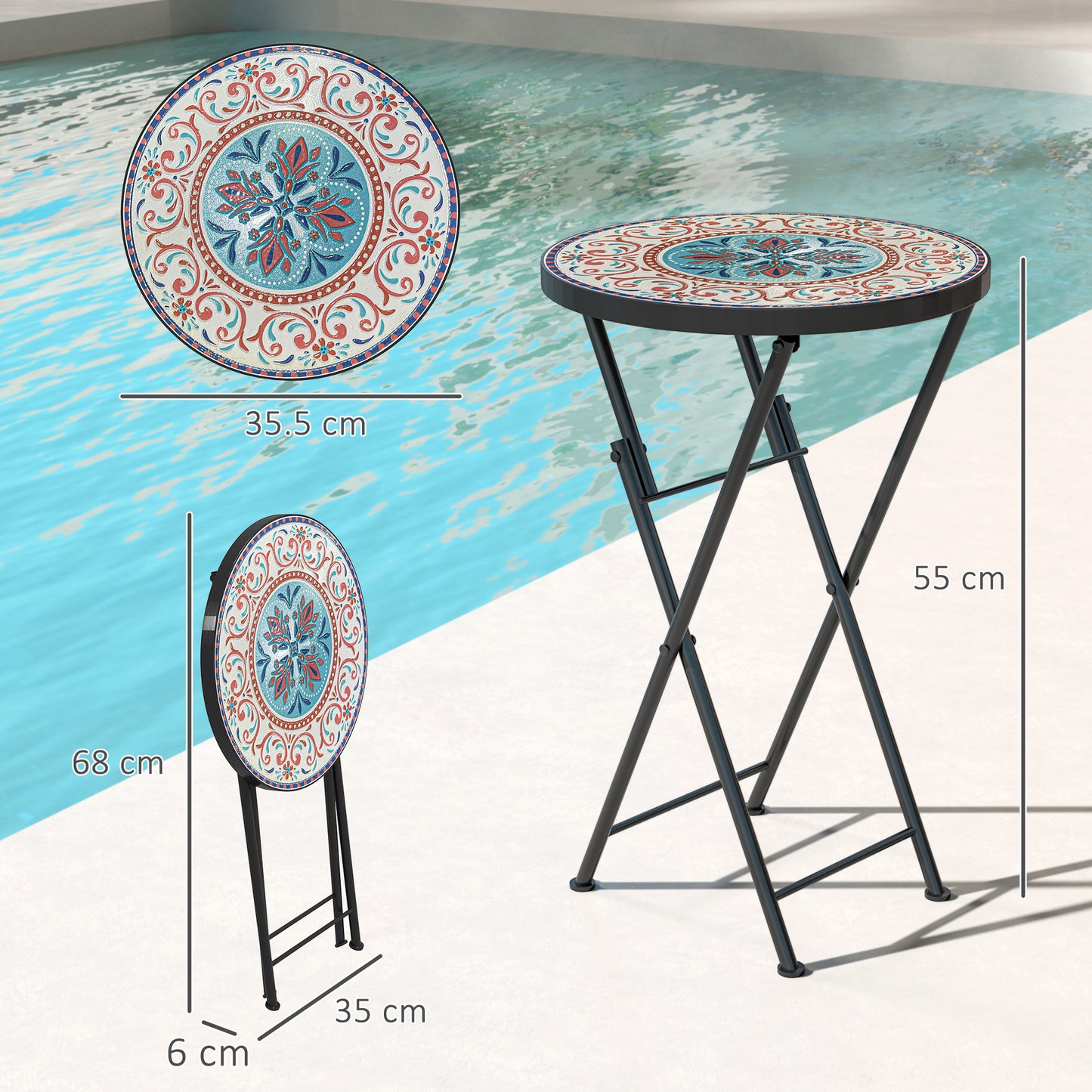 Mosaic Garden Table, 35.5cm Folding Coffee Table, Multicolour