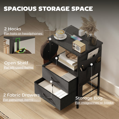 Slim Side Table with Charging Station, Bedside Table, Black