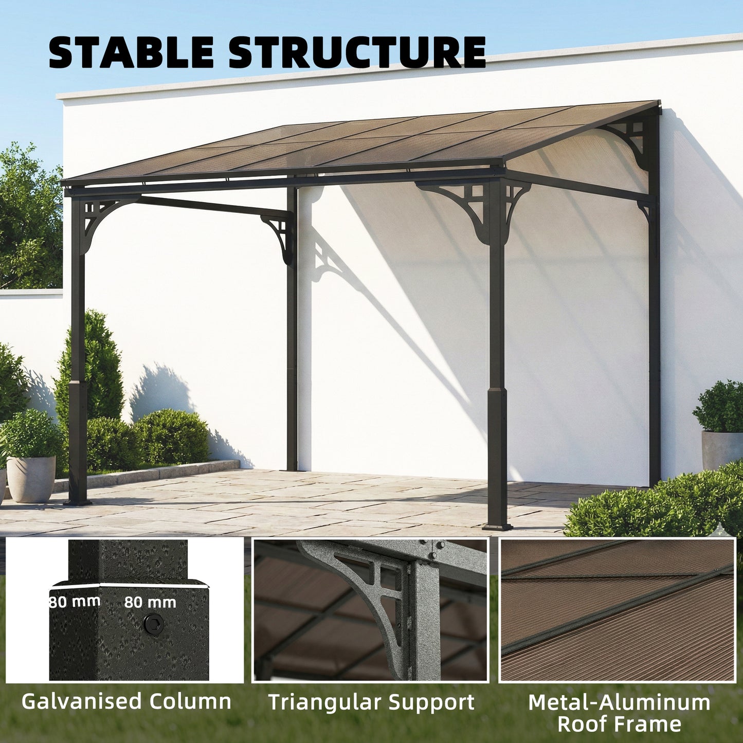 3 x 2.87 m Metal Lean-to Hardtop Gazebo, Wall-Mounted Pergola