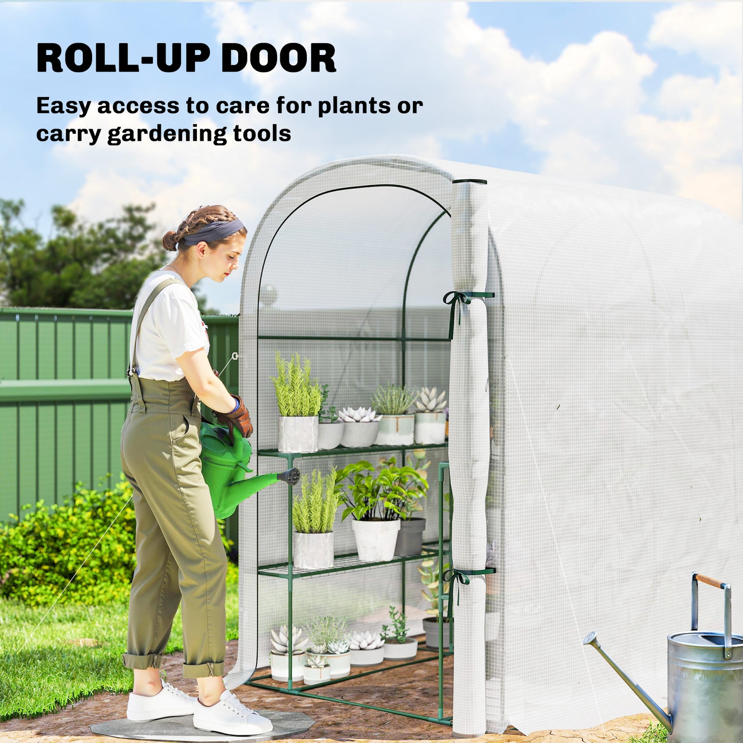 Walk-in Greenhouse Garden Plant Growhouse with Roll-up Door, White