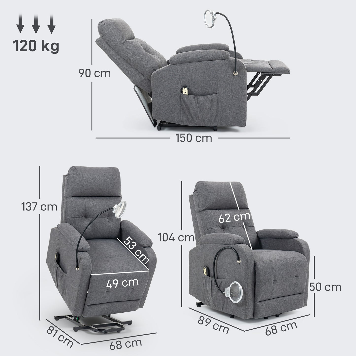 Linen Fabric Electric Recliner Chair with Remote Control, Grey