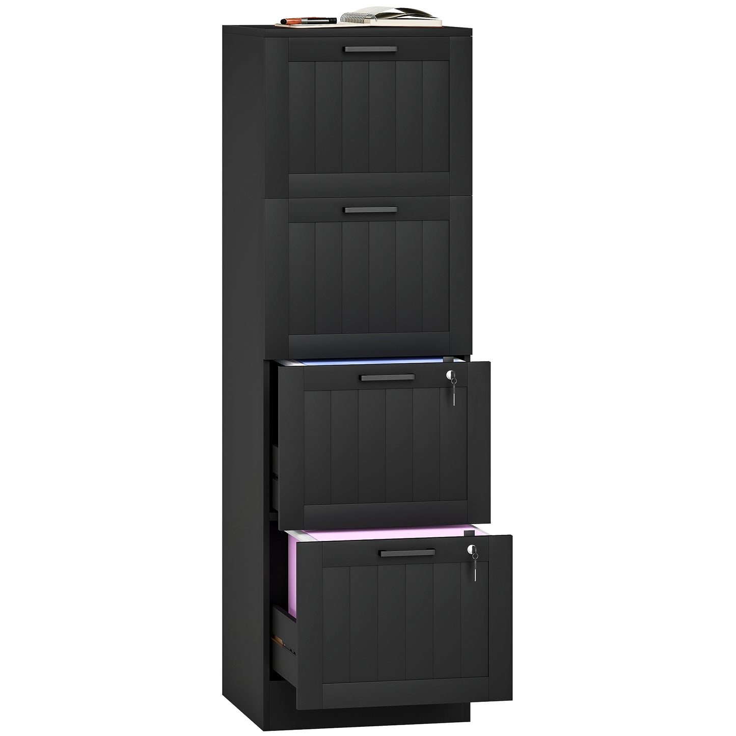 4 Drawer File Cabinet with Lock and Adjustable Hanging Bars, Black