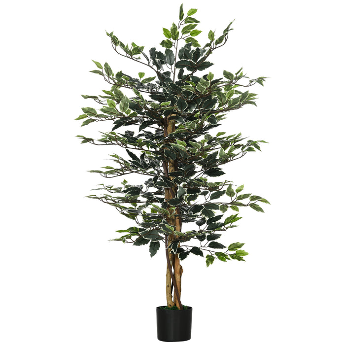 Artificial Ficus Tree in Pot, 130cm Tall Fake Plant with Lifelike Leaves and Natural Trunks, for Indoor Outdoor, Green