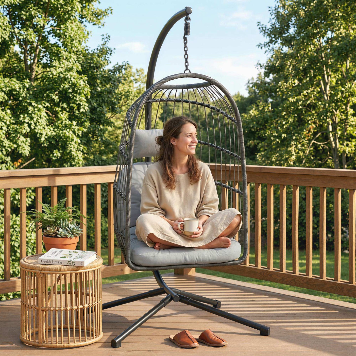 Hanging Egg Chair, Outdoor Swing Chair with Stand, Dark/Light Grey