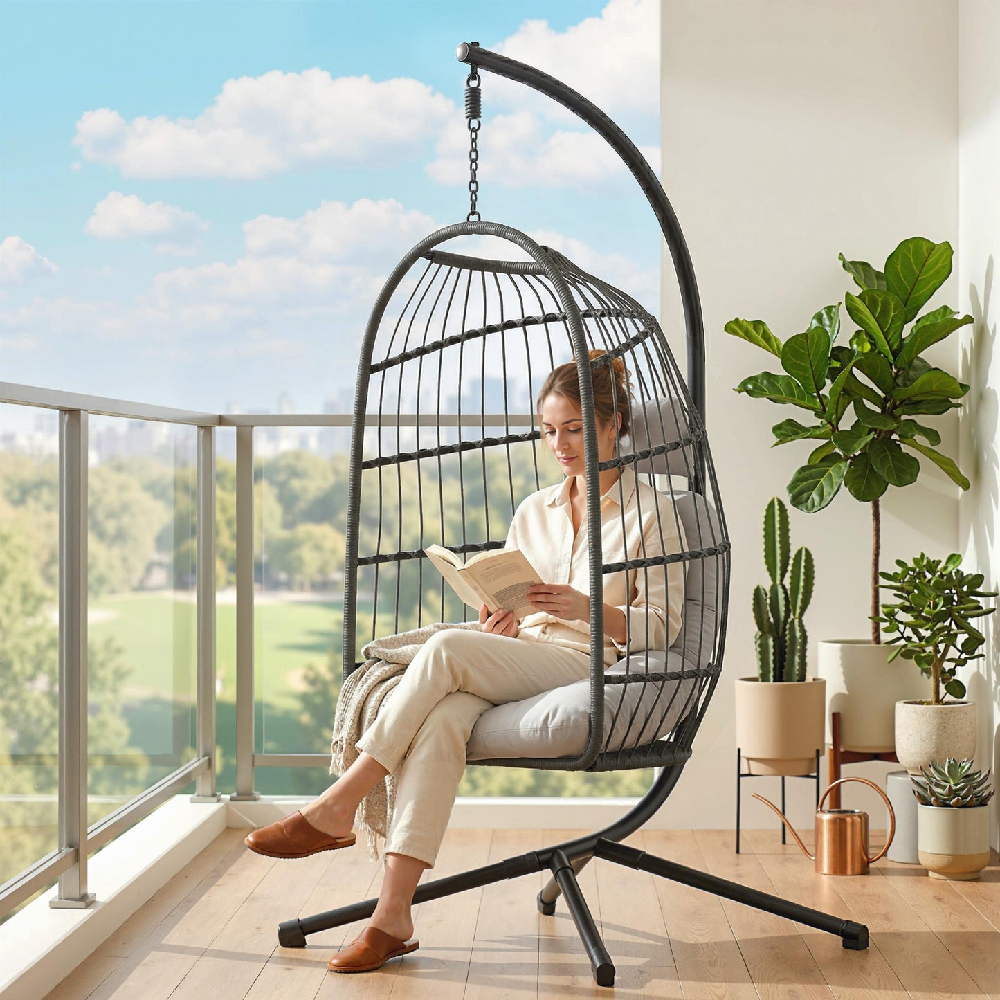 Hanging Egg Chair, Outdoor Swing Chair with Stand, Dark/Light Grey
