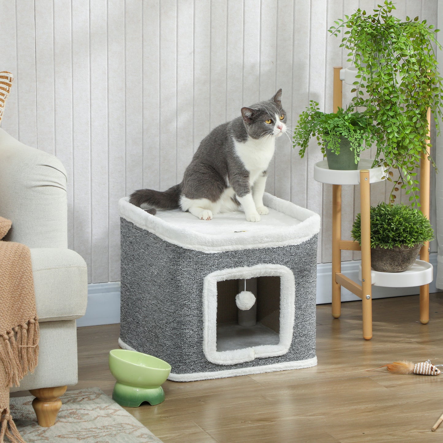 Cat House for Indoor Kittens, 2-Level Cat Cave Bed, Grey