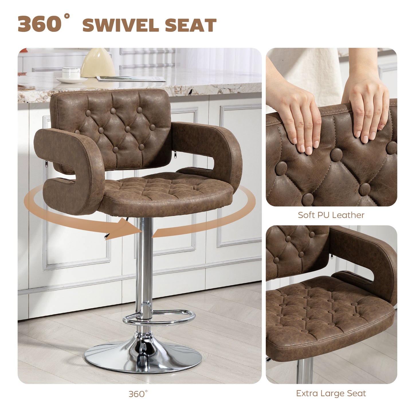 Adjustable Height Barstool Steel Pole PU Leather, Coffee