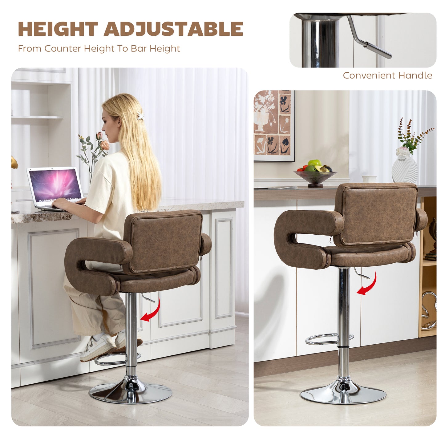 Adjustable Height Barstool Steel Pole PU Leather, Coffee