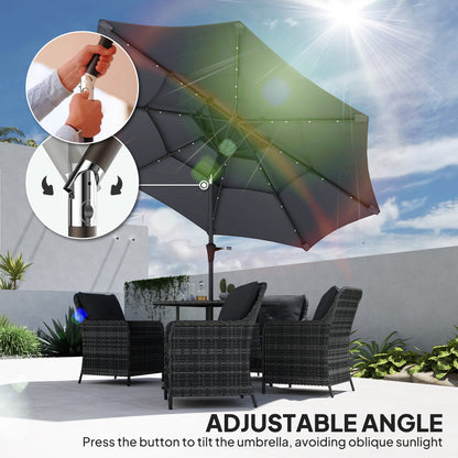 3-Tier Garden Parasol w/ Solar LED Lights, Tilt, Crank Handle, Grey