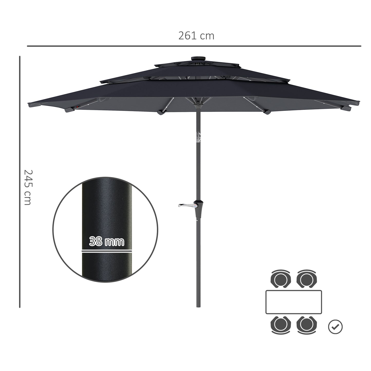 3-Tier Garden Parasol w/ Solar LED Lights, Tilt, Crank Handle, Grey