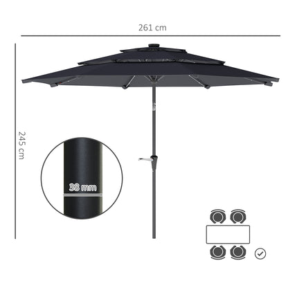 3-Tier Garden Parasol w/ Solar LED Lights, Tilt, Crank Handle, Grey