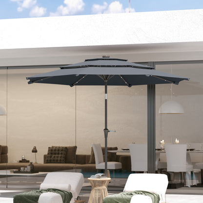 3-Tier Garden Parasol w/ Solar LED Lights, Tilt, Crank Handle, Grey