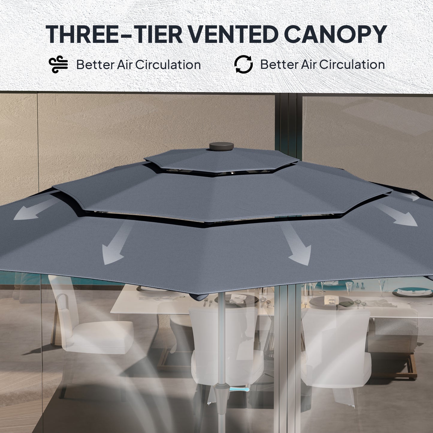 3-Tier Garden Parasol w/ Solar LED Lights, Tilt, Crank Handle, Grey