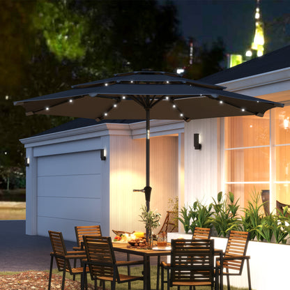 3-Tier Garden Parasol w/ Solar LED Lights, Tilt, Crank Handle, Grey