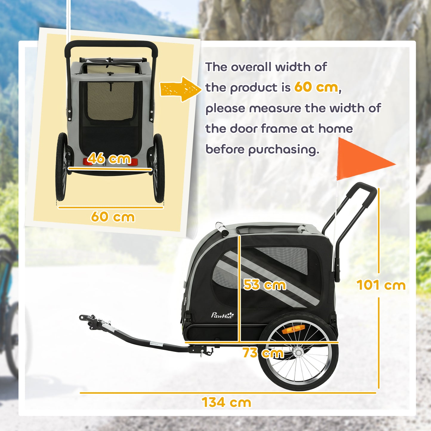 Dog Bike Trailer, 2 in 1 Foldable Pet Stroller Security Harness, Reflectors, Quick Release Wheels, Flag, for Medium Dogs, 134L x 60W x 101H cm, Grey