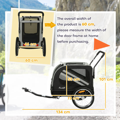 Dog Bike Trailer, 2 in 1 Foldable Pet Stroller Security Harness, Reflectors, Quick Release Wheels, Flag, for Medium Dogs, 134L x 60W x 101H cm, Grey