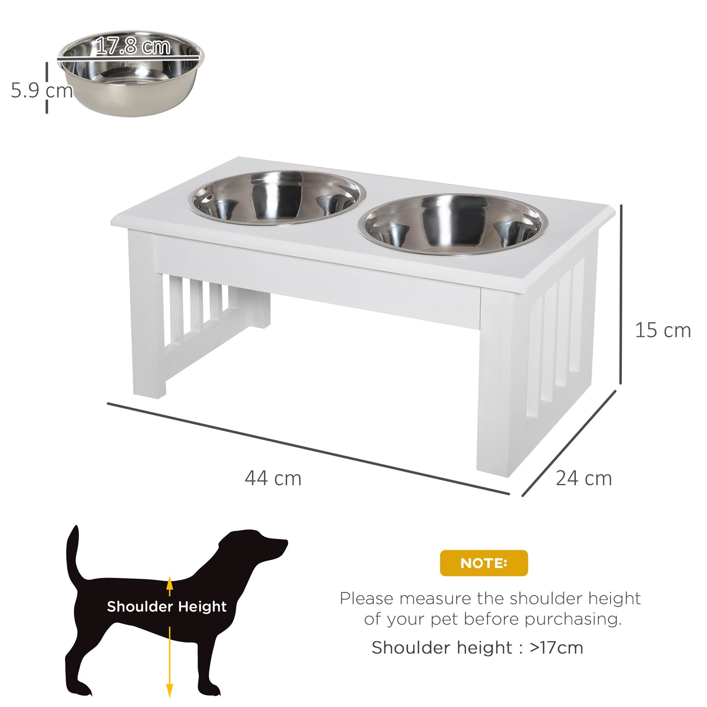 Stainless Steel Raised Dog Feeding Bowls with Stand Elevated Twin Pet Bowls Water Food Feeder 43.7L x 24W x 15H cm - White