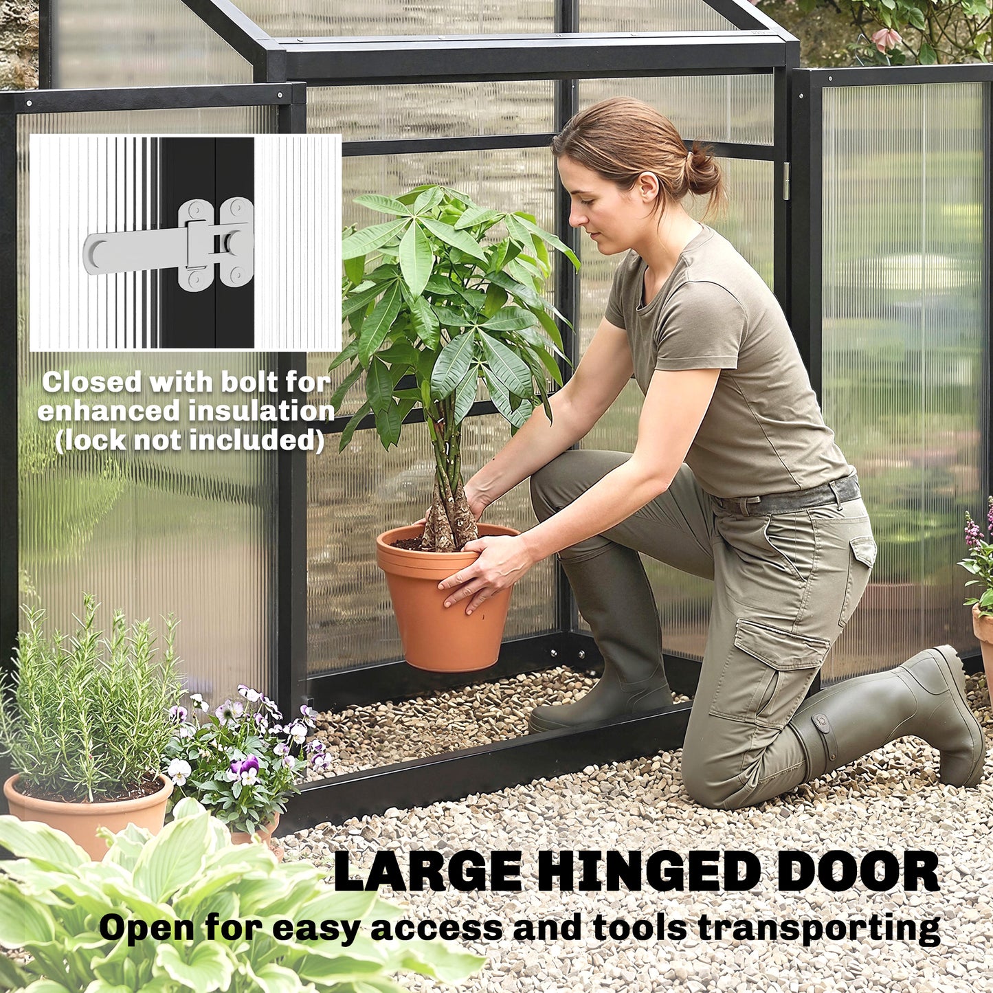 4 x 2ft Polycarbonate Greenhouse with Hinged Door, Top Vent, Lean-to Green House, Aluminium Walk-in Greenhouse for Patio Garden, Black