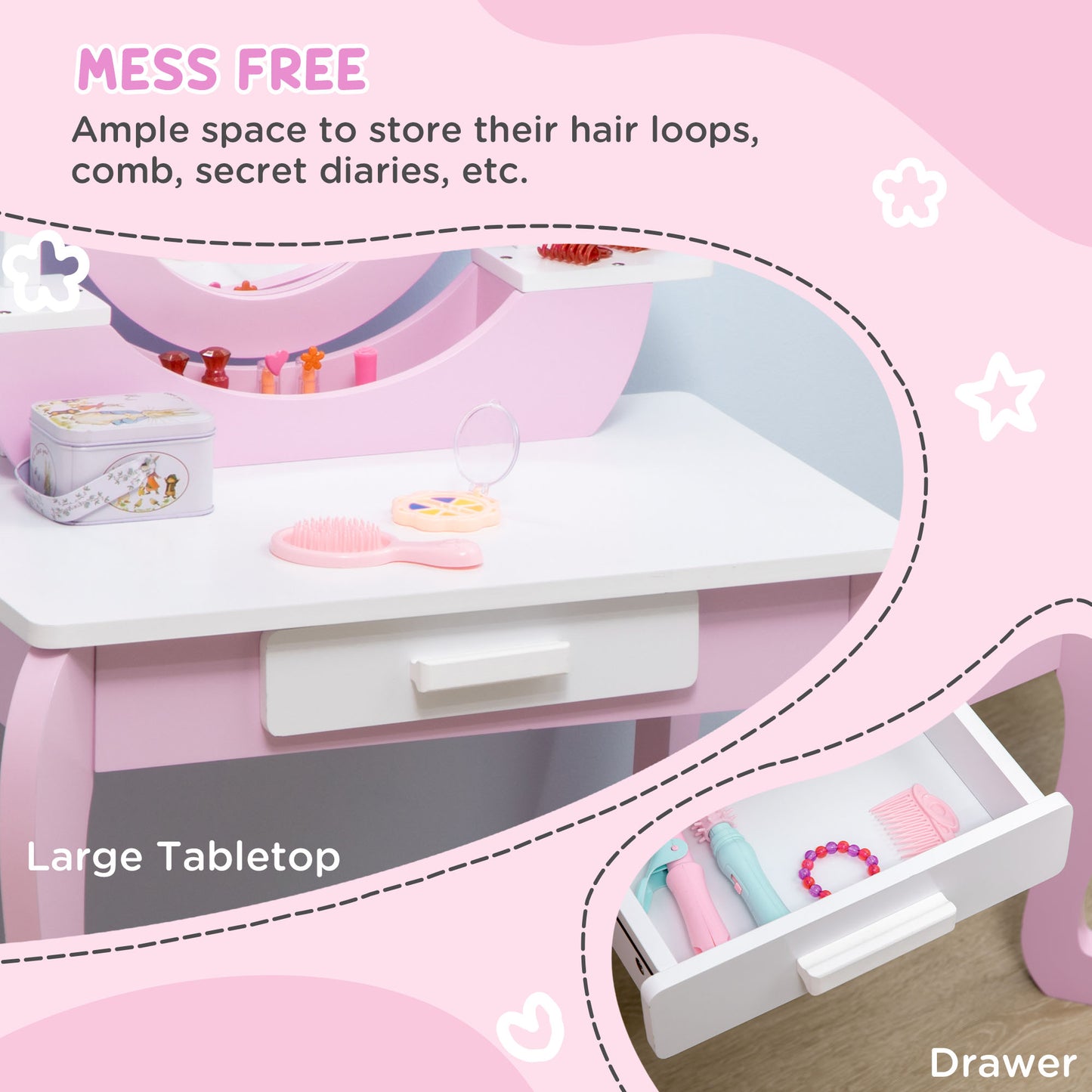 Kids Dressing Table Set, Kids Vanity Set w/ Drawer - Pink