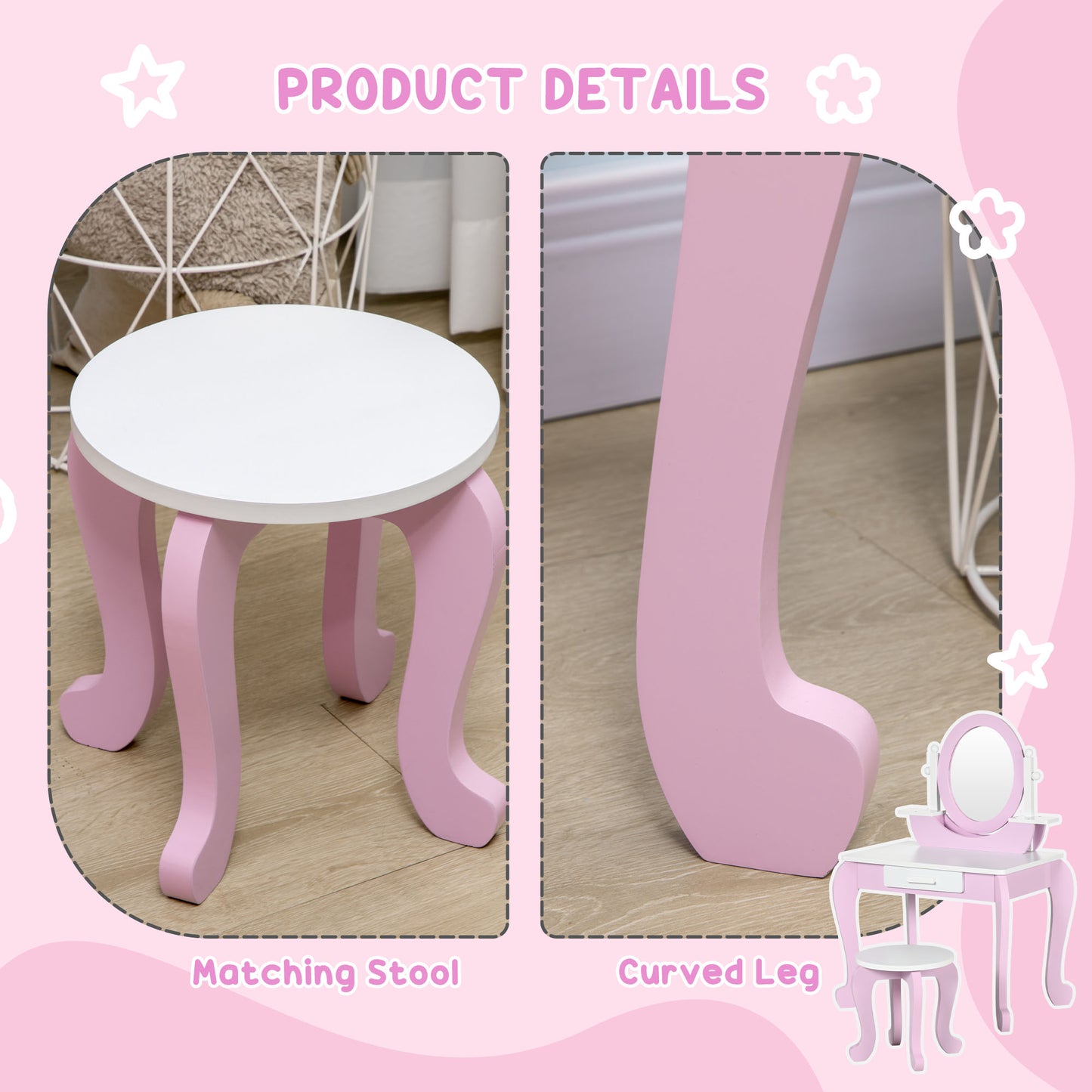Kids Dressing Table Set, Kids Vanity Set w/ Drawer - Pink