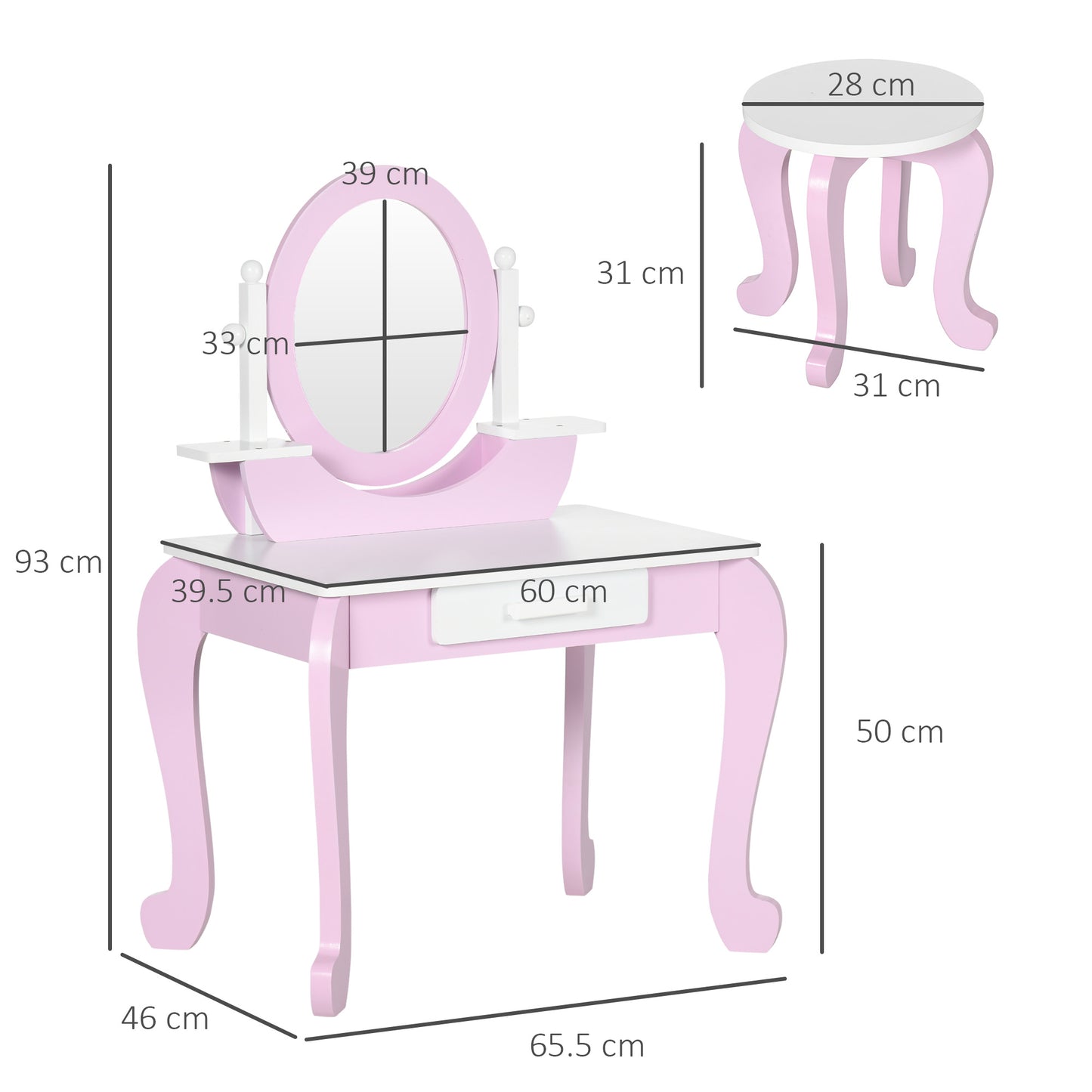 Kids Dressing Table Set, Kids Vanity Set w/ Drawer - Pink