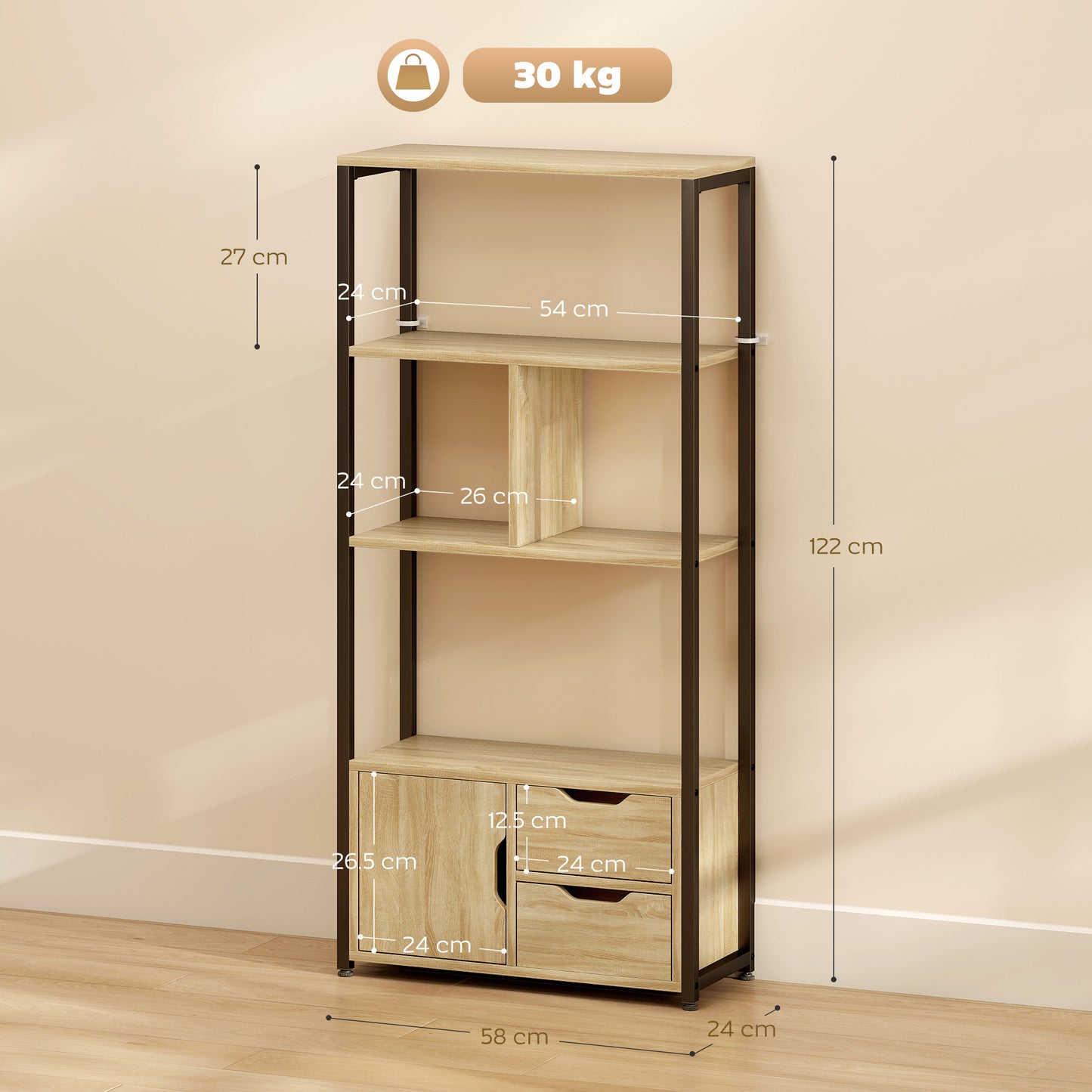 Industrial Bookshelf with 1 Cabinet and 2 Drawers, Natural Wood