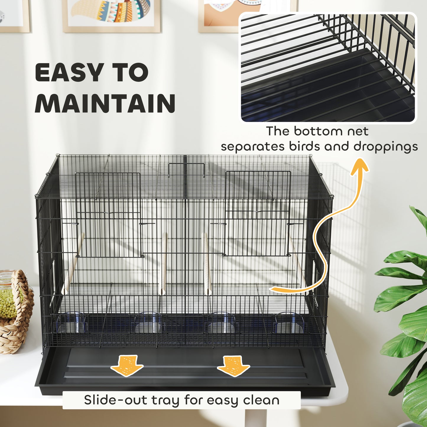 Bird Cage with Divider, 4 Wooden Perches, Slide Out Tray, Black