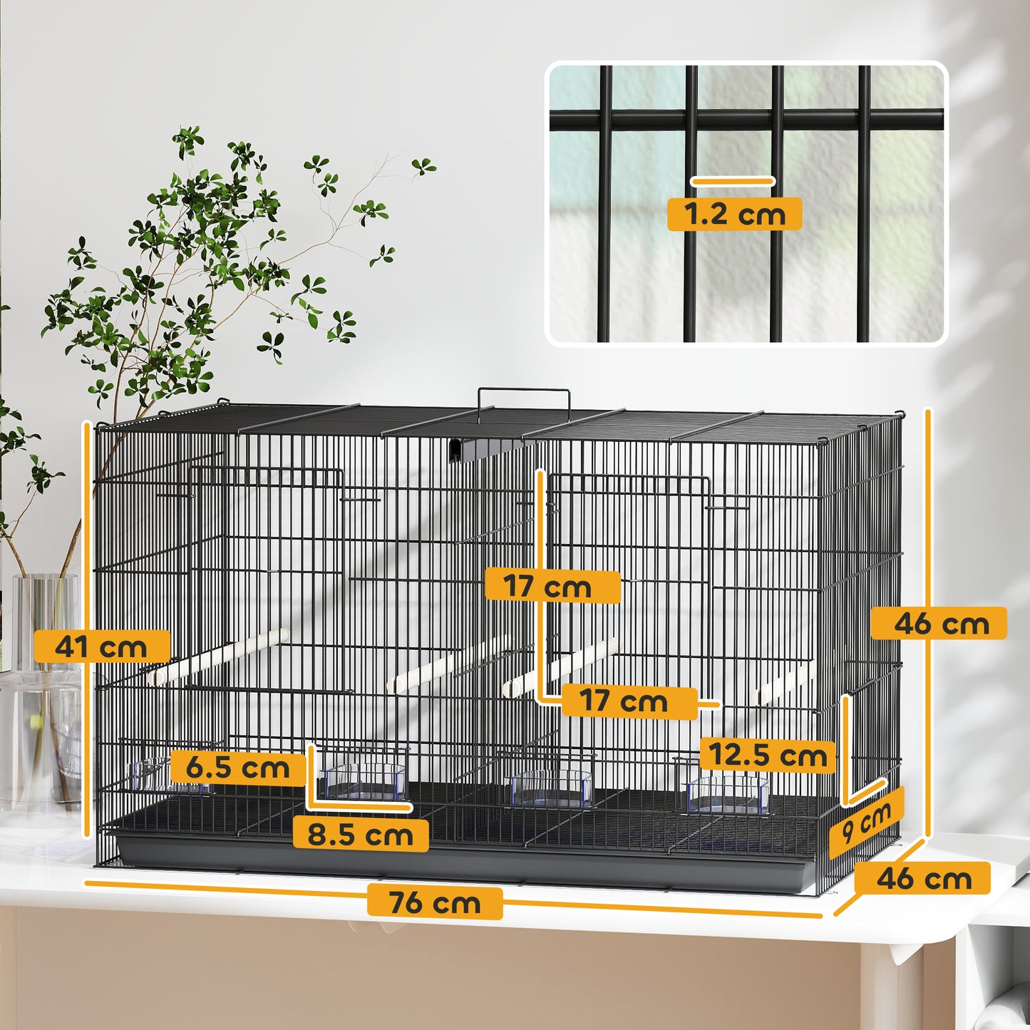 Bird Cage with Divider, 4 Wooden Perches, Slide Out Tray, Black