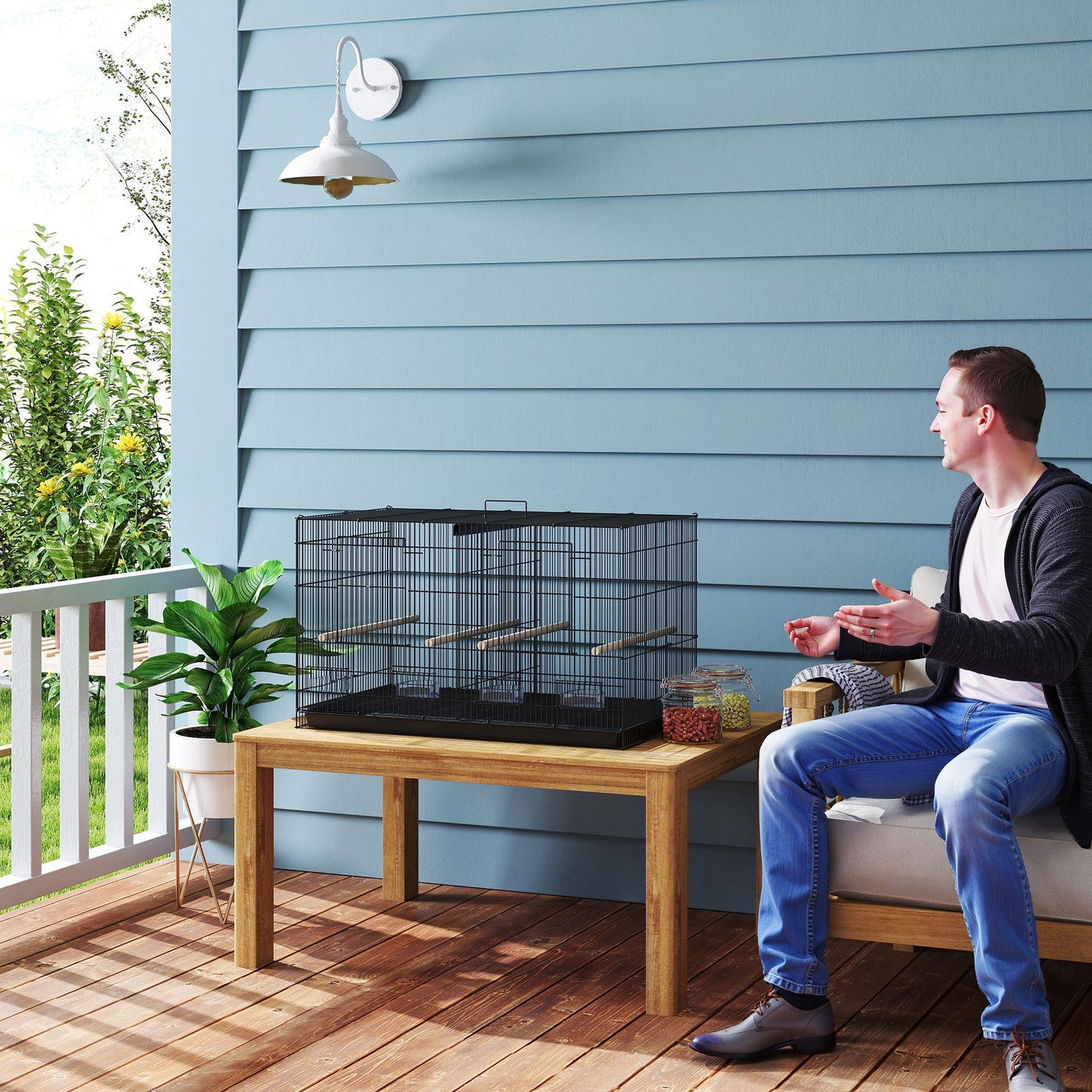 Bird Cage with Divider, 4 Wooden Perches, Slide Out Tray, Black