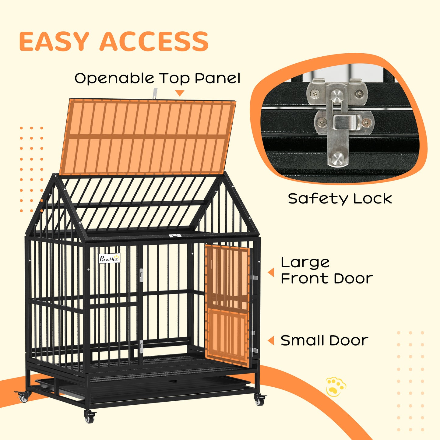 43" Heavy Duty Dog Crate on Wheels w/ Removable Tray, Openable Top