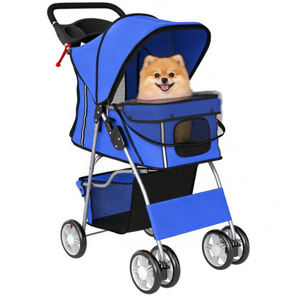 Dog Pram, Foldable Pet Stroller for Small Miniature Dogs Cats, Pet Buggy Pushchair with 360° Swivel EVA Wheels, Brake, Reflective Strips, Mesh Windows, Washable Cushion, Blue