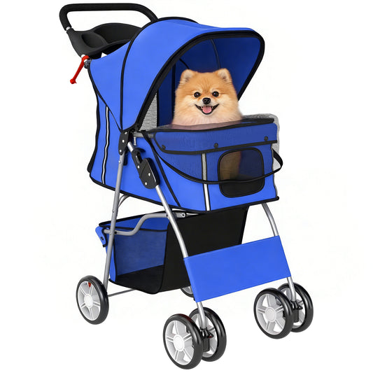 Dog Pram, Foldable Pet Stroller for Small Miniature Dogs Cats, Pet Buggy Pushchair with 360° Swivel EVA Wheels, Brake, Reflective Strips, Mesh Windows, Washable Cushion, Blue