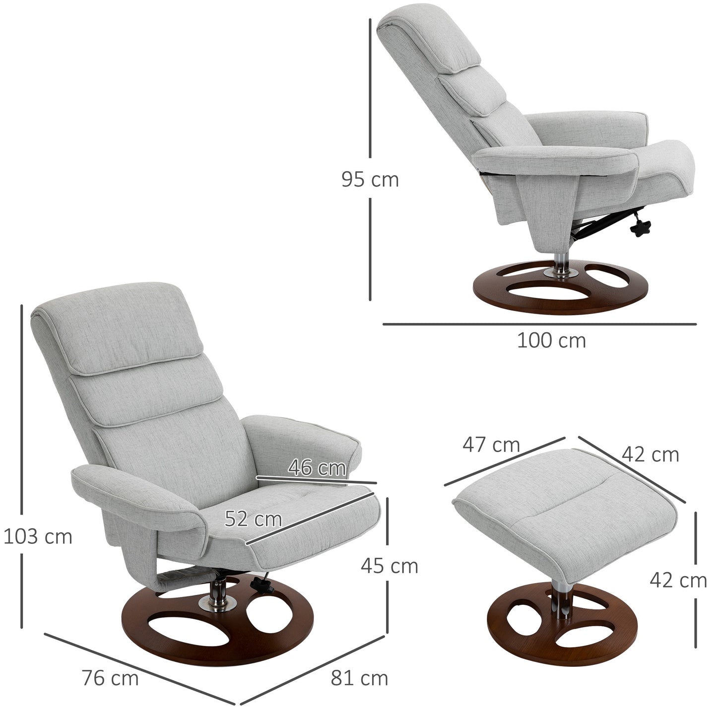 Recliner Chair Ottoman Set 360° Swivel Sofa Wood Base Grey