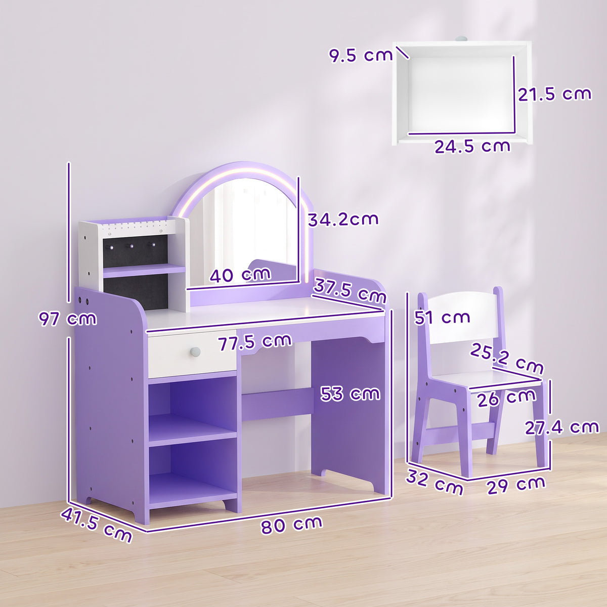 Kids Vanity Set, Dressing Table with Stool, Purple