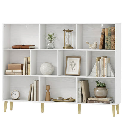 Bookshelf with 10 Cubbies, 3-Tier Book Shelf with Wood Legs, White