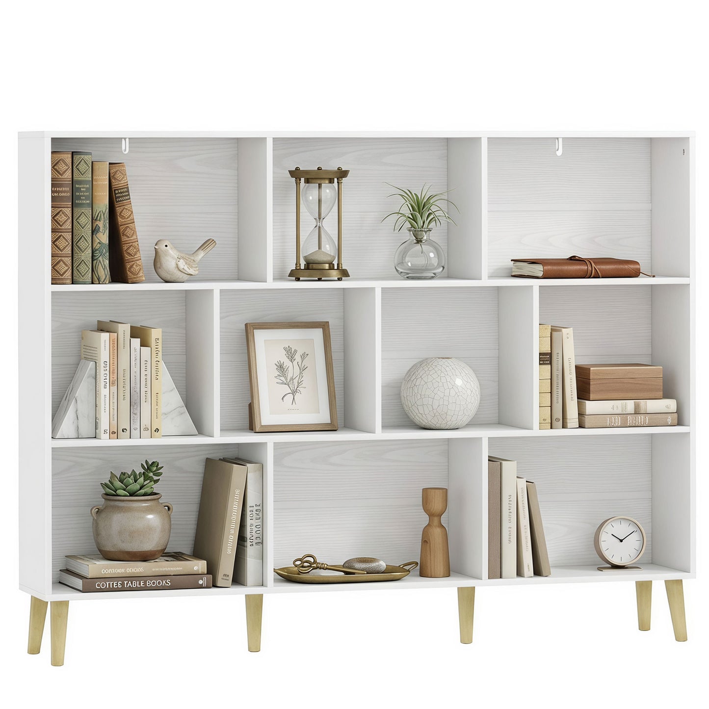 Bookshelf with 10 Cubbies, 3-Tier Book Shelf with Wood Legs, White