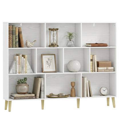 Bookshelf with 10 Cubbies, 3-Tier Book Shelf with Wood Legs, White