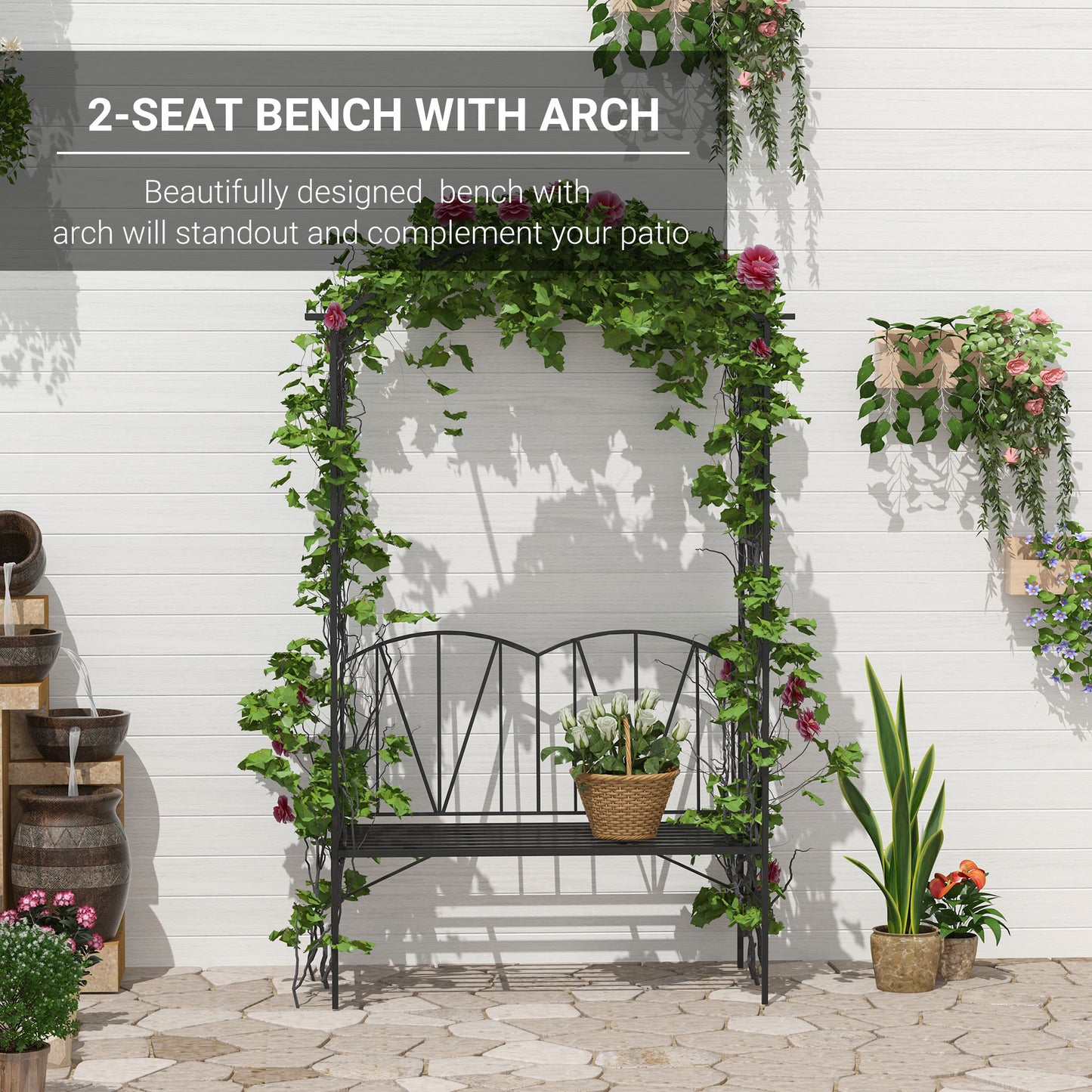 Garden Bench, Metal Garden Loveseat with Arch for Climbing Plants