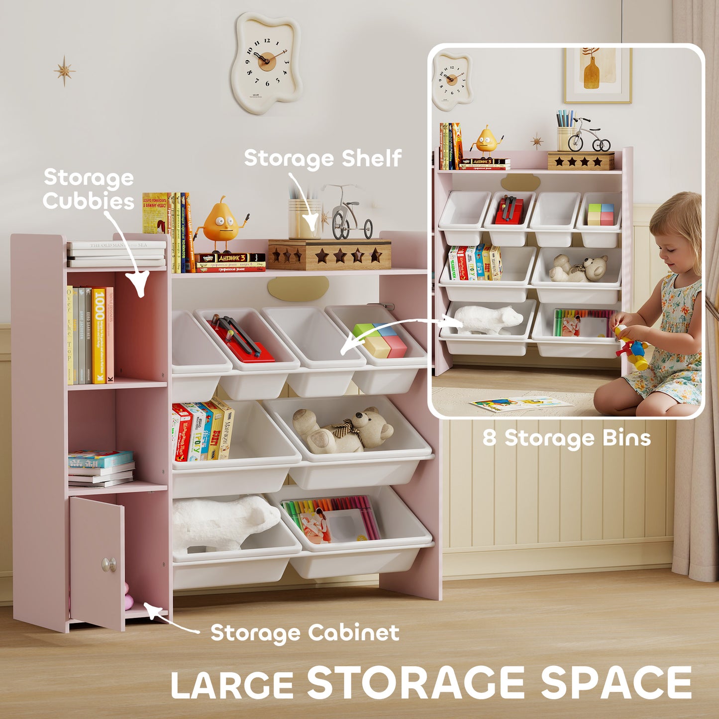 Toy Storage Unit with 8 Removable Bins, Storage Shelves, Cabinet