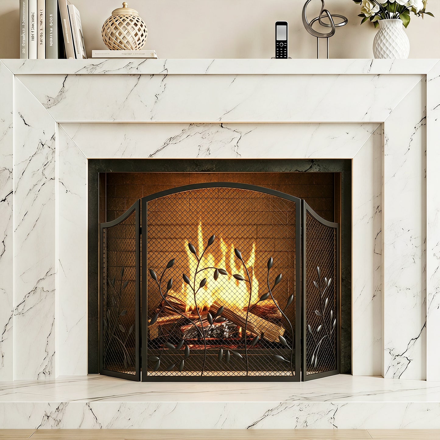 3-Panel Folding Fireplace Screen for Protection, Black