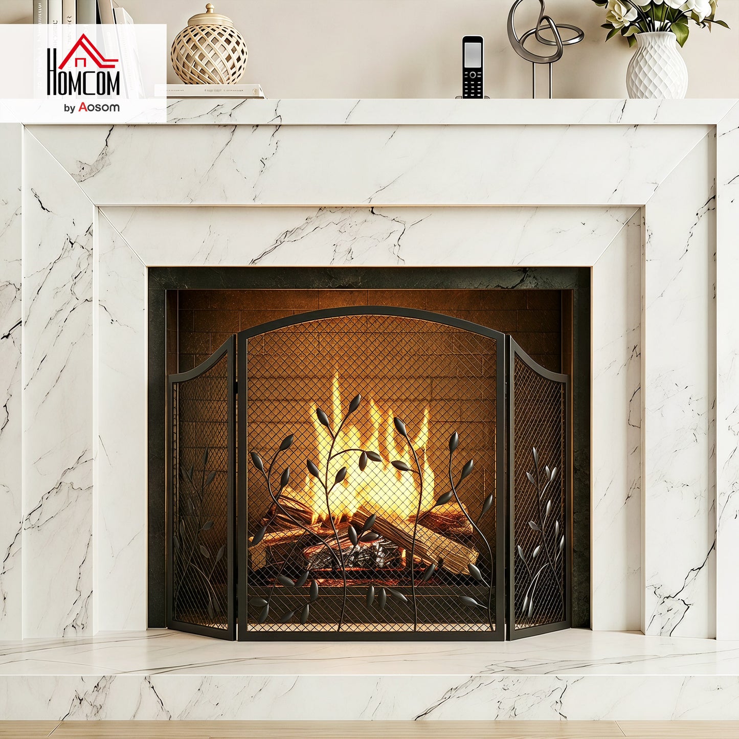 3-Panel Folding Fireplace Screen for Protection, Black