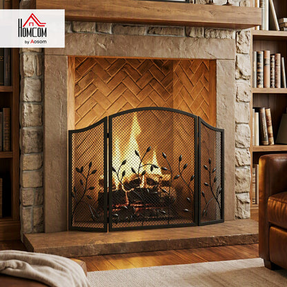 3-Panel Folding Fireplace Screen for Protection, Black